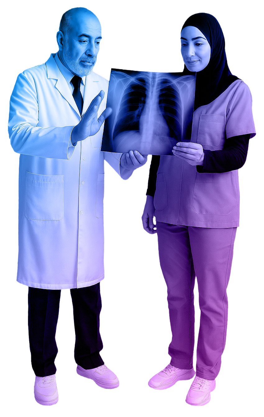 Medical professionals examining lung X-ray images for early detection of lung disease